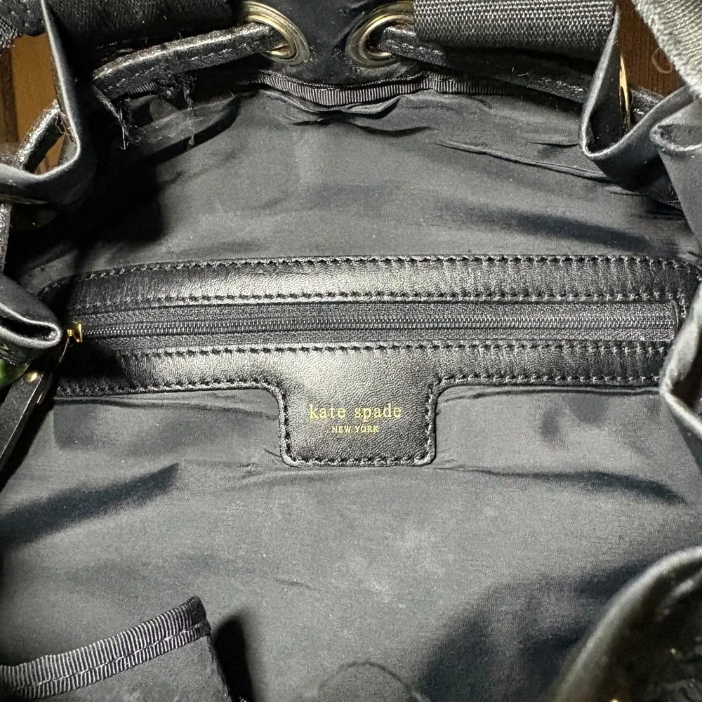 Kate Spade New York Black Nylon Leather Drawstring Bucket Backpack Bag PXRU2483